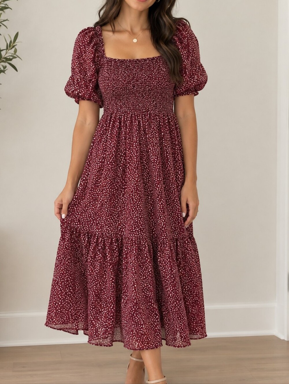 Smocked Puff Sleeve Midi Dress in Burgundy Speckle - Small